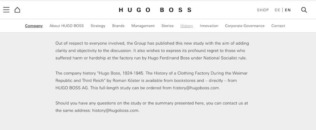 Screenshot of a section of Hugo Boss' History Page